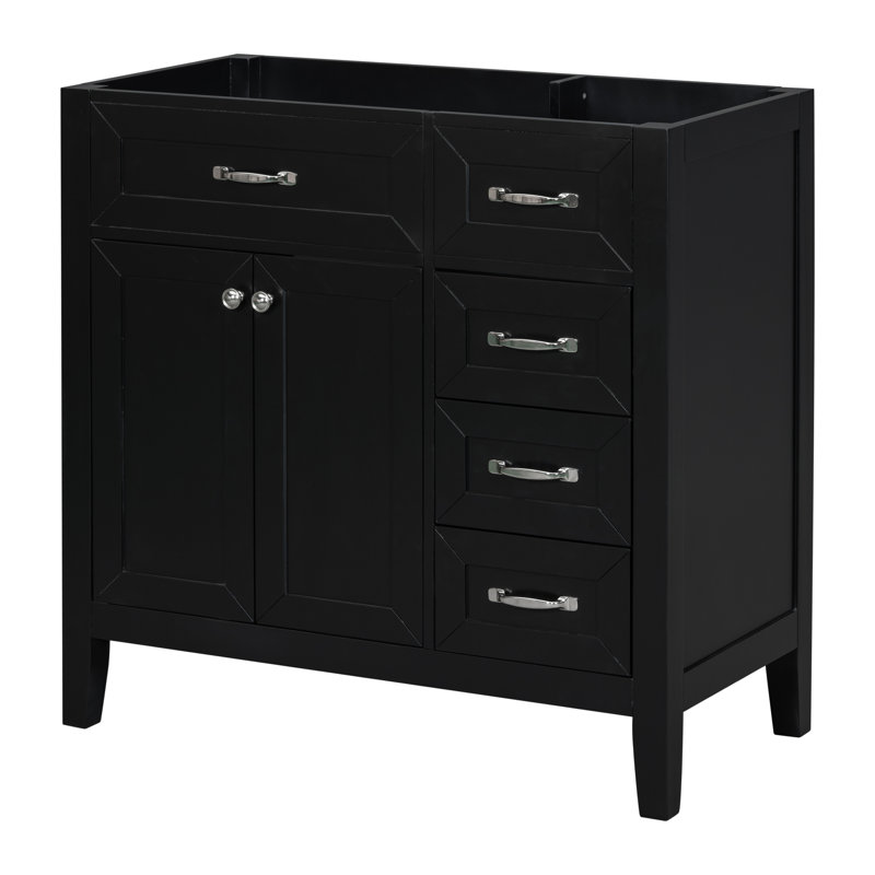 Meuble-lavabo 36 po sans lavabo. Armoire noire avec tiroirs. Bois d'hévéa massif et rangement. Assemblage requis seulement. Base autoportante moderne