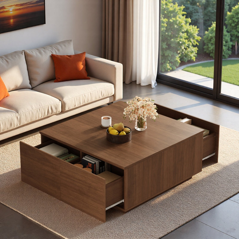Table basse moderne carrée avec 4 tiroirs, Walnut