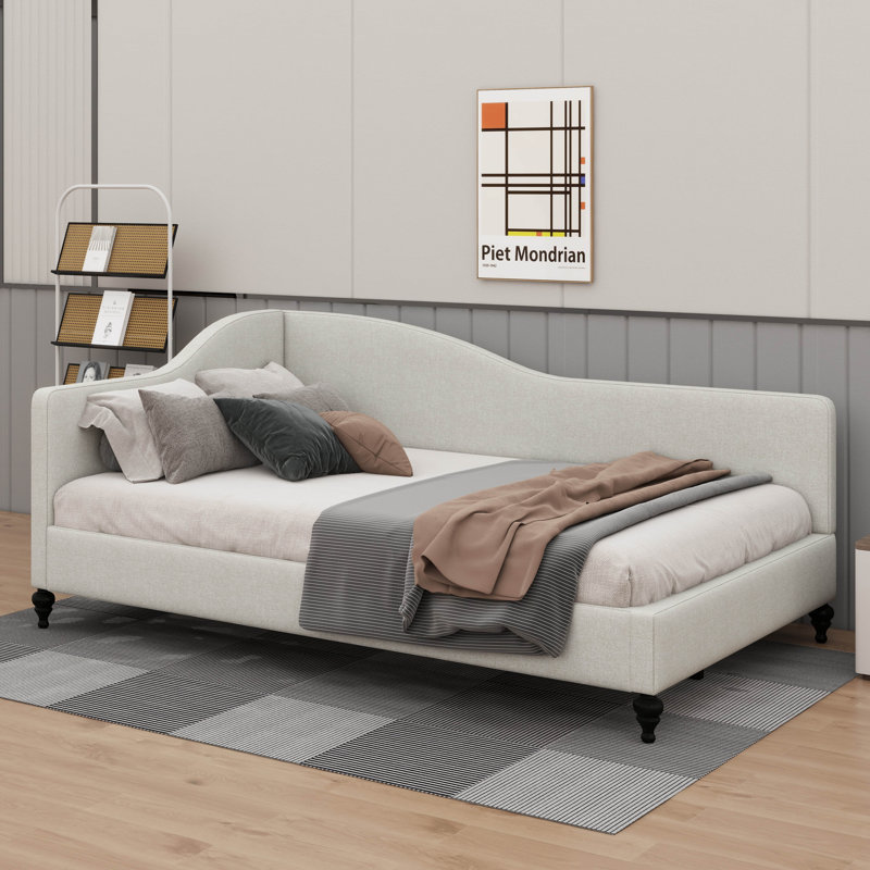 Lit de jour chic en L en forme de L sur pieds en bois massif, Beige, Lit double