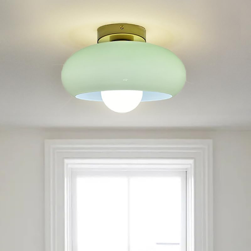 Mid-Century Modern Semi Flush Mount Ceiling Light, Kitchen Ceiling Light Fixture With Glass Shade,Vintage Close To Ceiling Lamp For Entryway Hallway Bathroom(Green Lampshade-Lamp Holder)