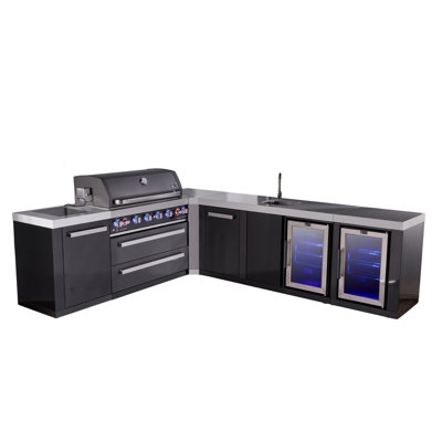 Mont Alpi Premium Black Stainless Steel 94"W x 113"D x 46"H L-shaped Modular Outdoor Kitchen Island with 2 Refrigerators + 44"W 6-Burner BBQ Grill + Granite Countertops + Storage Cabinets + Rotisserie + Cover + Natural Gas Convertible + Lifetime Warranty