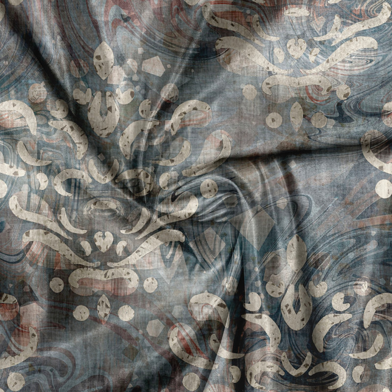 Rustikaler Vorhang, Viktorianisches Wirbelblattmotiv, Damast, Grau Teal Blasser Rost Beige