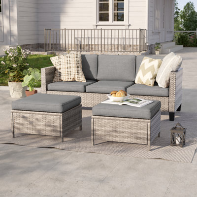 3-Set Outdoor PE Wicker Furniture Wide Seat Conversation Couch Set Extra Ottomans Design for Lawn, Patio and Porch