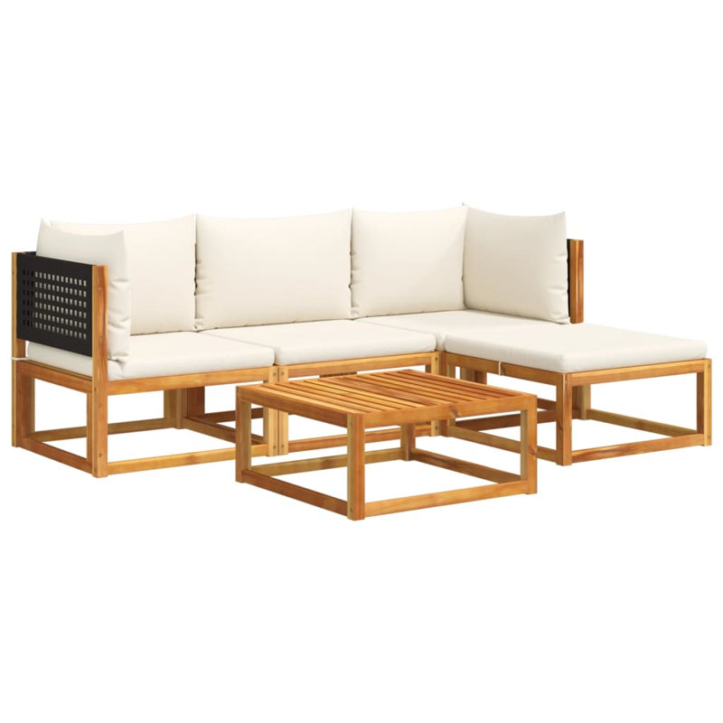  Ensemble de canapé de jardin noir, bois d'acacia massif blanc crème, rotin PE