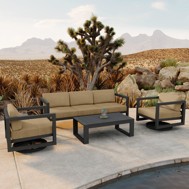 Rugiatu 4 Piece Sofa Set With Swivel, Slate, Canvas Heather Beige Sunbrella® Canvas