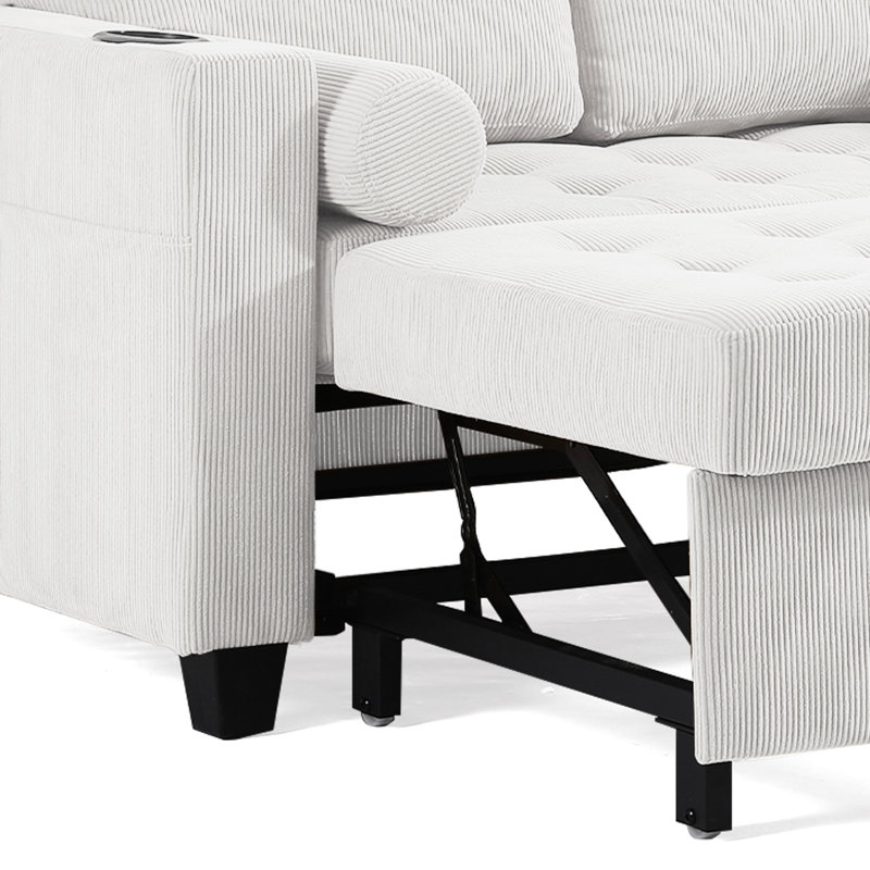 Upholstered Tufted Convertible Pull-Out Sleeper Sofa Bed - Adjustable Backrest With 2 Soft Pillows, Beige