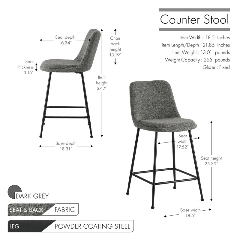 Citlali Fabric Counter Stools with Steel Legs, Dark Grey
