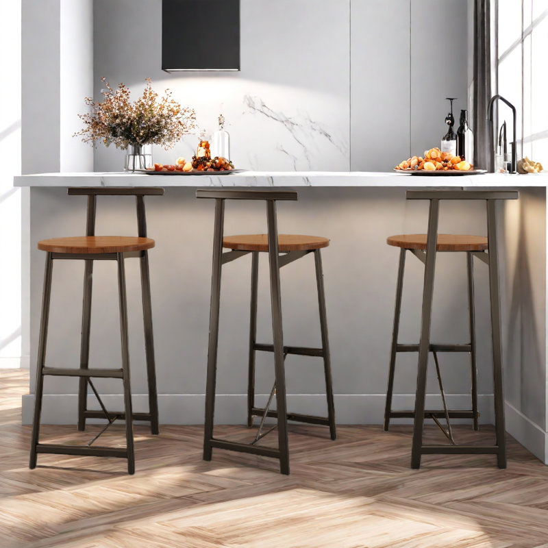 Set Of 3 Bar Stools With Backrest, Footrest And Metal Frame