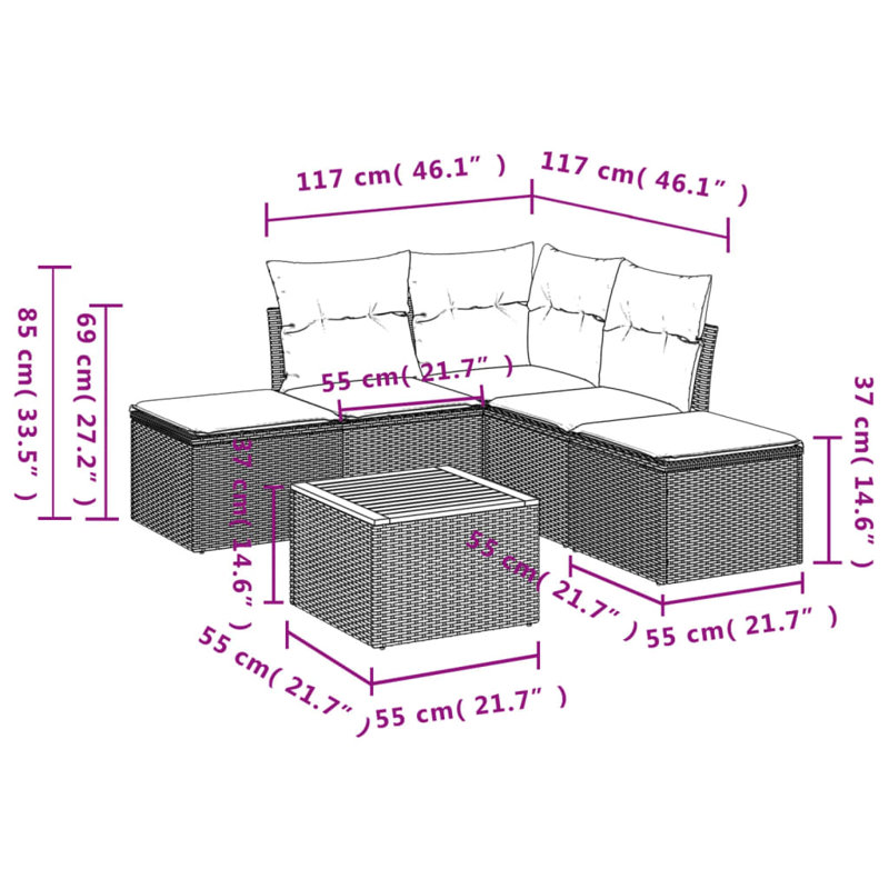 Ensemble de canapé de patio 6 pièces avec coussins en rotin de polyester, Gris, Marine