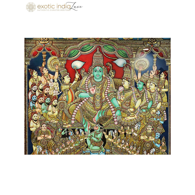 Peinture traditionnelle sri-pama Pattabhishekam | Art mural en feuille d'or 24 carats primé | Scène de couronnement Ramayana fabriquée à la main | Décoration de temple authentique | Décoration spirituelle avec ornement doré