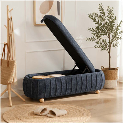 Banc de rangement en chenille 55,25 pouces avec pieds en bois d'hévéa