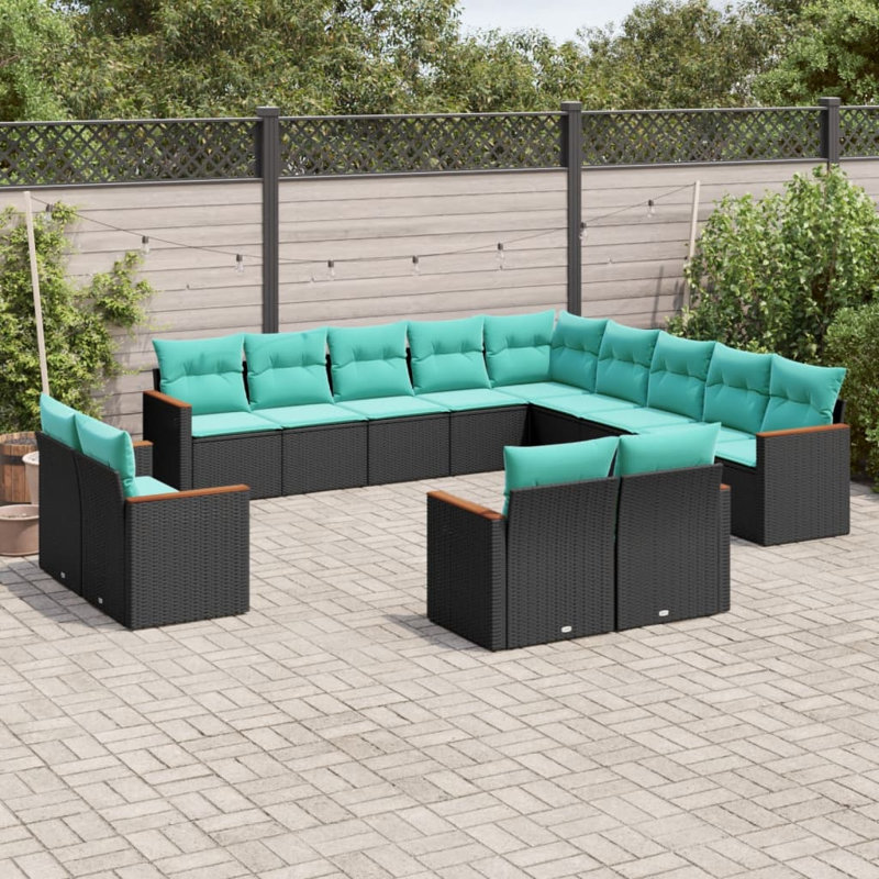  Ensemble de canapé de patio 13 pièces avec coussins en rotin de polyester noir