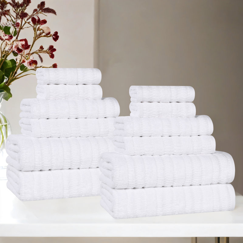 Mika Smart Twist Viscose Cotton Blend Medium Weight Solid Textured Ribbed 12 Piece Towel Set, White