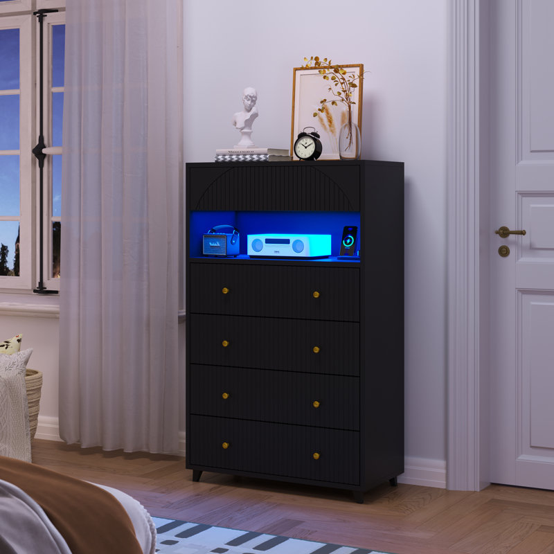 Tall 5 Drawers Dresser With RGB Led Lights Black