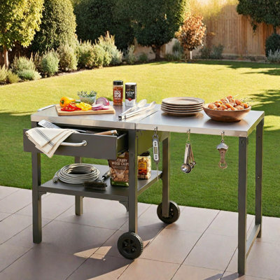 Chariot de cuisine pliable pour l'extérieur avec rangement pour barbecue et patio