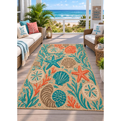 Tapis d'extérieur de 5 pi x 7 pi Seashell Starfish Coastal