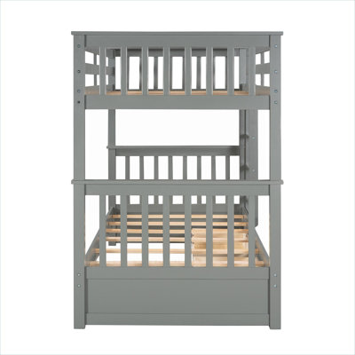 Solid Wood Twin-Over-Twin Bunk Platform Bed with Integrated Ladder and Under-Bed Storage Drawers, Finished in Slate Gray