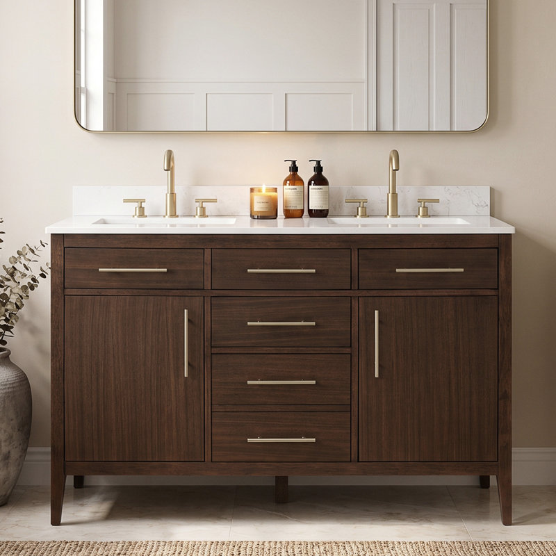 Meuble-lavabo double 55 po avec comptoir en granite blanc Calacatta