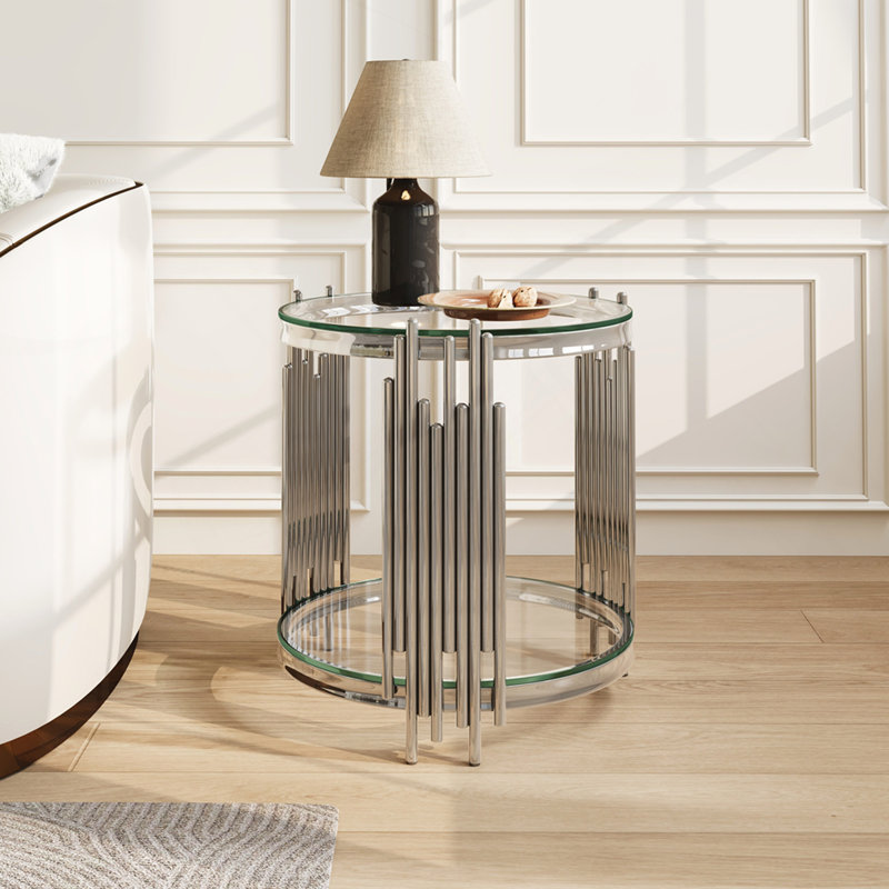 Table de bout ronde en verre 19,7 po, table d'appoint argentée à 2 niveaux avec pieds en acier inoxydable et verre trempé transparent, table de bout de luxe moderne pour le bureau à domicile