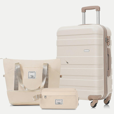 Ensemble de bagage 3 pièces - Valise à carreaux 24 po avec sac de toilette à sec TSA, ivoire et doré