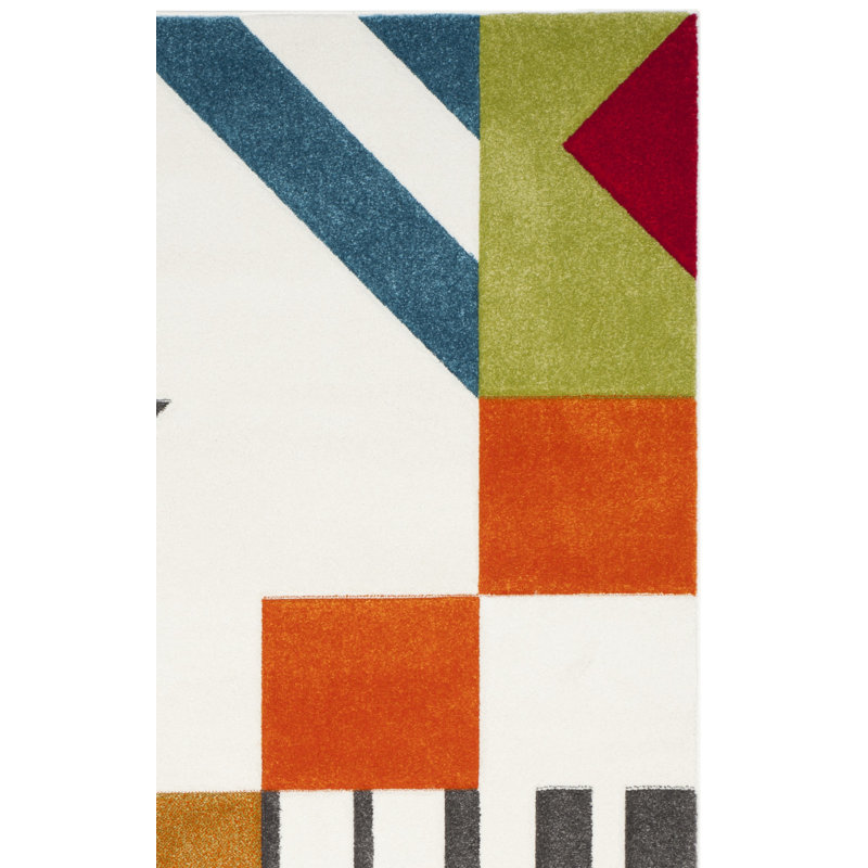 Garima Geometric Ivory/Peacock Blue Area Rug, Runner 2'3" x 6'