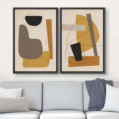 Ensemble de 2 reproductions abstraites de style Mid-Century noir, gris et doré à motif de collage abstrait, moderne et nordique coloré sur toile