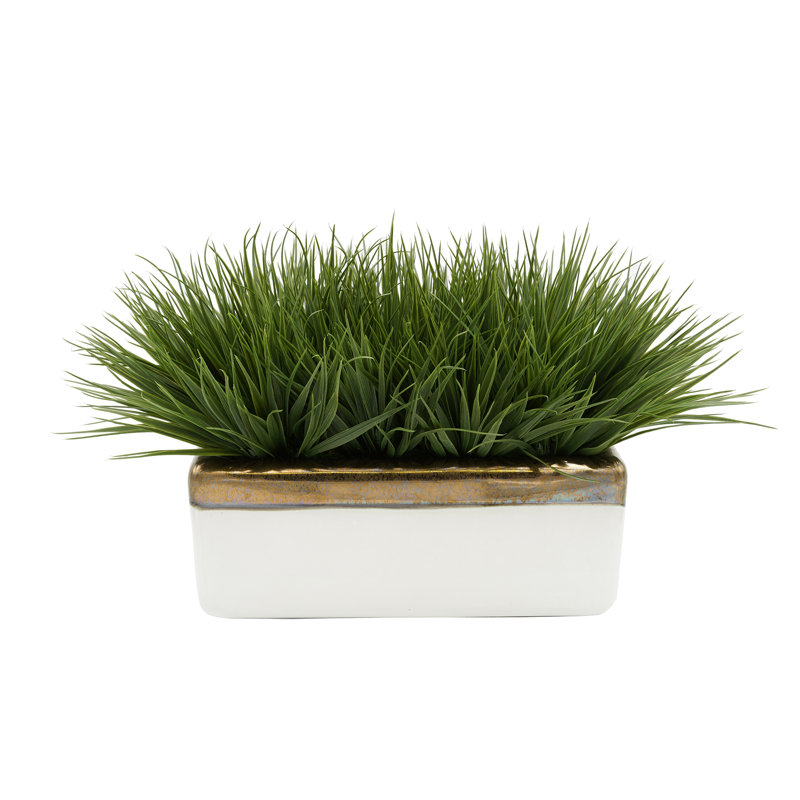 Herbe artificielle en pot de fleurs, Doré / Blanc, Vert foncé, H 13 po x L 20 po x P 13 po