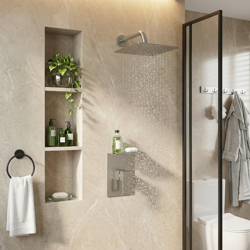 Système de douche mural avec pomme de douche à pluie de 8 pouces et tablette de rangement, Nickel brossé