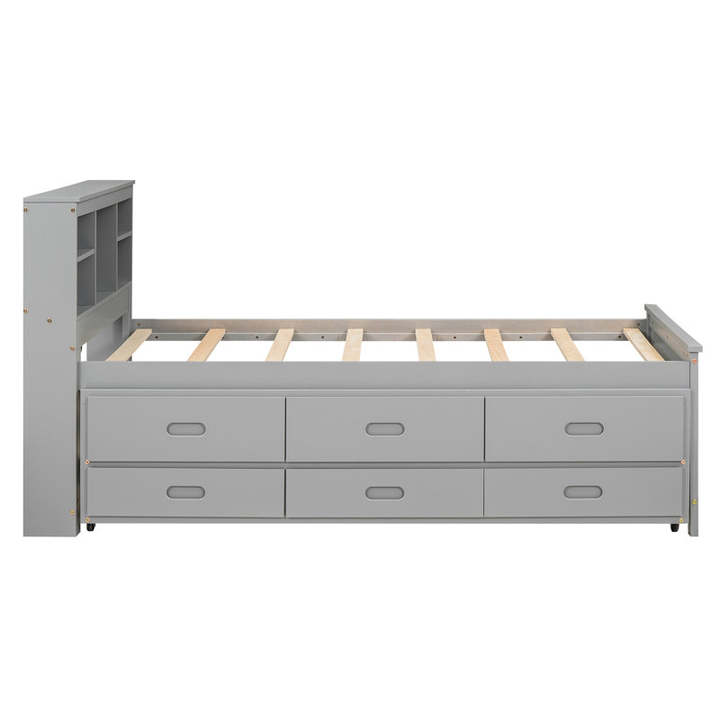 Lit plateforme simple gris avec rangement et 3 tiroirs et un lit gigogne pour les tiroirs pratiques, fabrication en bois massif