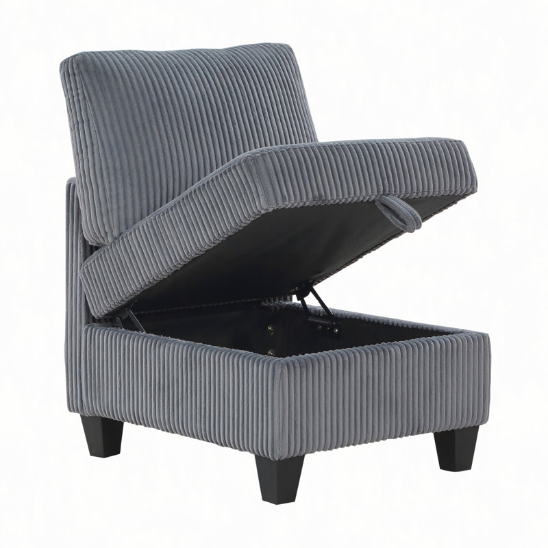Chaise moderne sans accoudoirs avec rangement caché et tissu velours côtelé, parfaite pour les sièges polyvalents et élégants.