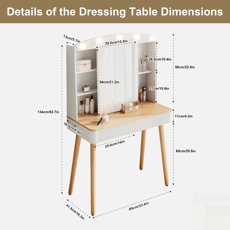Petit bureau de coiffeuse avec miroir coulissant, éclairage réglable et rangement de grande capacité pour le maquillage et les accessoires