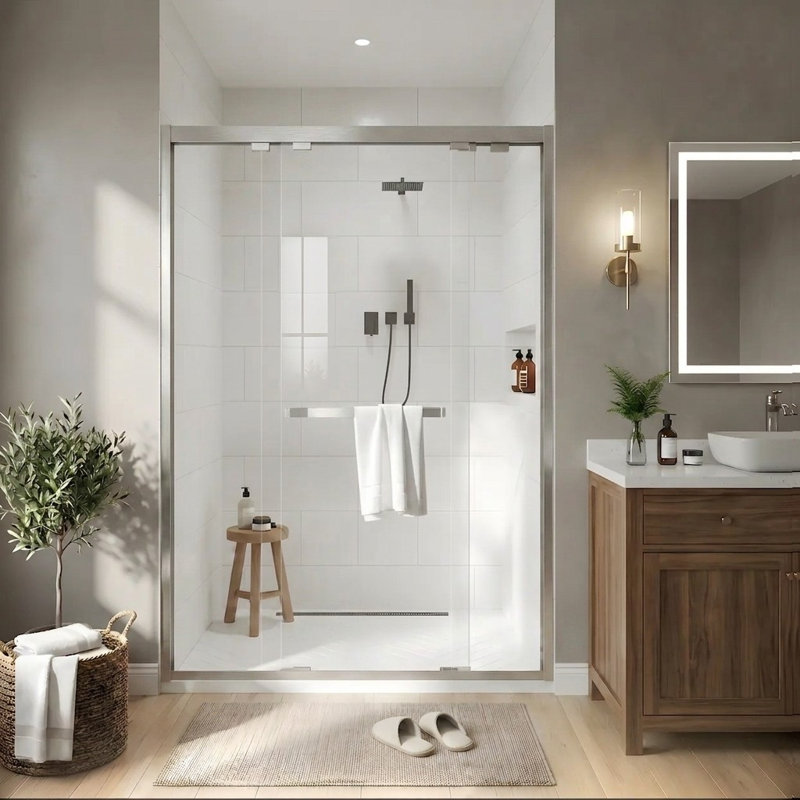 Sliding Semi Frameless Shower Door In Brushed Nickel With Clear Glass, Nickel