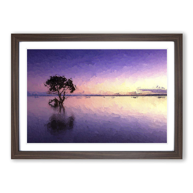 Tree Alone During a Purple Sunset in Abstract - Picture Frame Painting Print, 48cm H x 65cm W x 2cm D, Walnut Framed