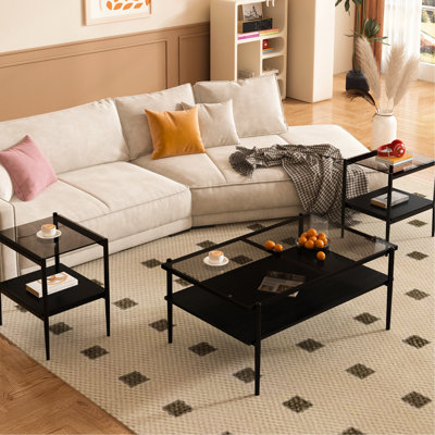 De 3 tables basses et de bout en verre trempé gris, mobilier de salon moderne, table de L 38,09 po, L 19,1 po, capacité de charge de 220 lb et 110 lb, support lisse, pieds en fer, rangement, pièces faciles à assembler