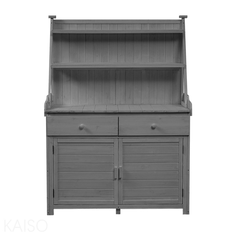 Banc de jardin 65 po, poste de travail en bois de sapin avec tablette de rangement, tiroir et armoire, gris, Gris