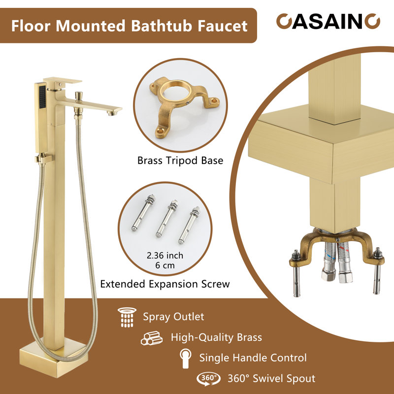 Single Handle Free Standing Bathtub Faucet with Diverter and Handshower, Brushed Gold