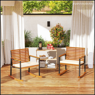 Ensemble de 2 chaises berçantes d'extérieur en bois d'acacia avec accoudoirs et coussins pour la détente