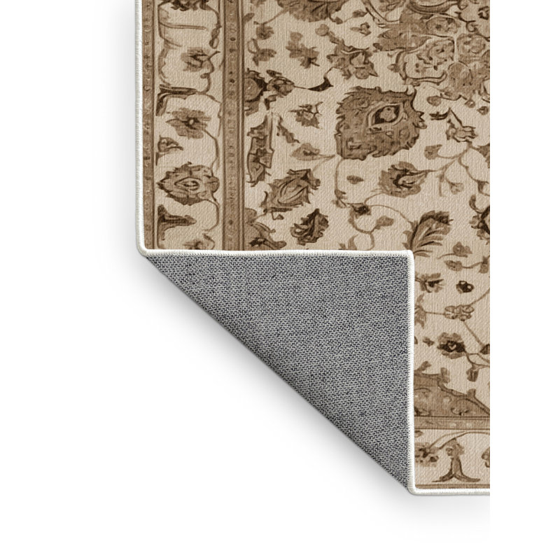 Machine Washable Tabriz Beige Area Rug, Round 7'
