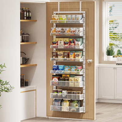 8-Tier 2-in-1 Over the Door Pantry Organizer, Heavy Duty Large Metal Spice Rack with Adjustable Baskets, Wall & Door Hanging Storage Shelf for Kitchen & Bathroom
