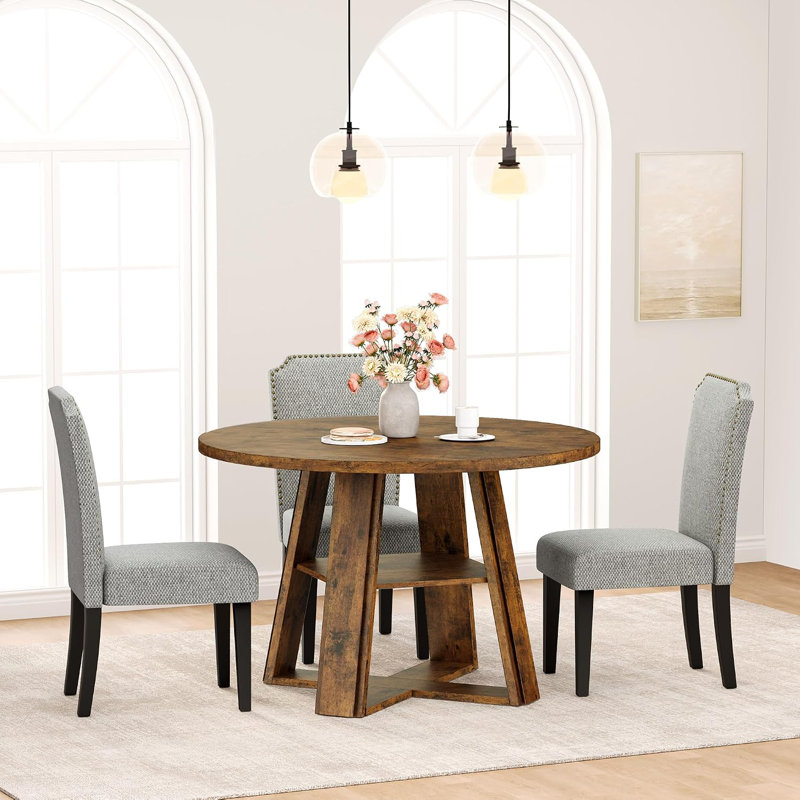 Table de salle à manger ronde 43,3 po pour 4 à 6 personnes, table de cuisine circulaire moderne avec base en piédestal en bois avec tablette de rangement, pour la cuisine, la salle à manger et la table de salle à manger (Rustic)