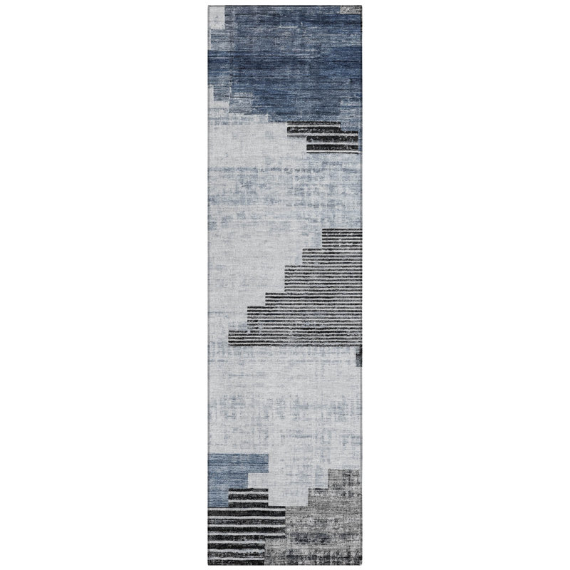 Machine Washable Indoor/Outdoor Xhevrie Blue Rug, Runner 2'3" x 7'6"