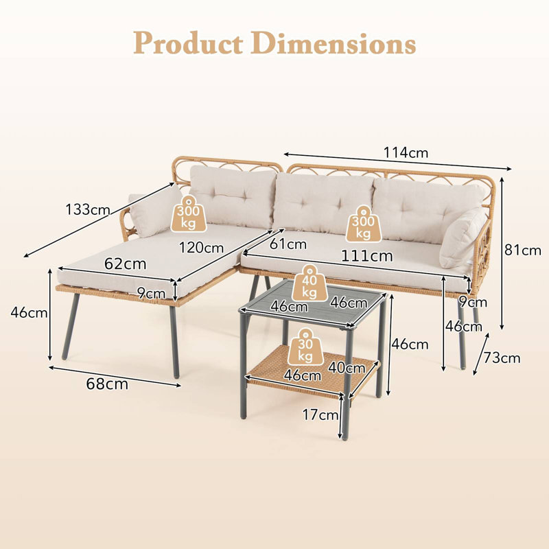 3 Pcs Corner Patio Furniture PE Rattan L-Shaped Cushioned Sofa Set-Beige