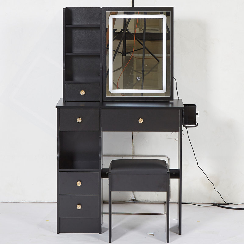 Vanity Desk, 29.2" Small Size Left Drawer Desktop Vanity Table , Cushioned Stool, 2 AC, 2 USB Power Station, Hair Dryer Bracket, Extra Large Touch Control Sliding LED Mirror, Tri-Color Switching, Brightness Adjust