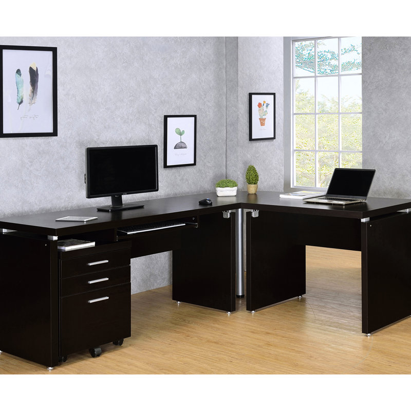 Bureau en L couleur cappuccino avec caisson mobile - Plateau clavier ergonomique, espace de travail optimisé