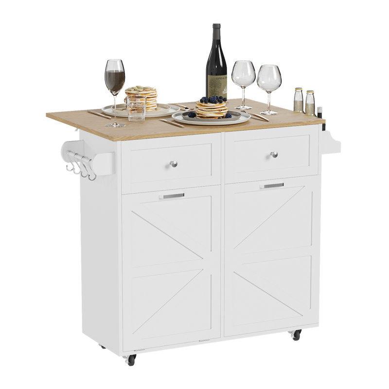 Rubab 35.4" Kitchen lsland with Trash Can Cabinet, Locking Wheels, Spice & Tower Rack, White