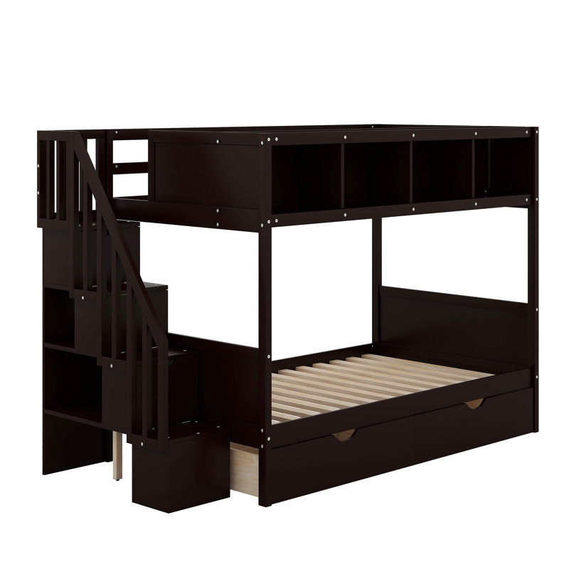 Twin Over Full Bunk Bed With Shelves, Storage Staircase And 2 Drawers, Espresso