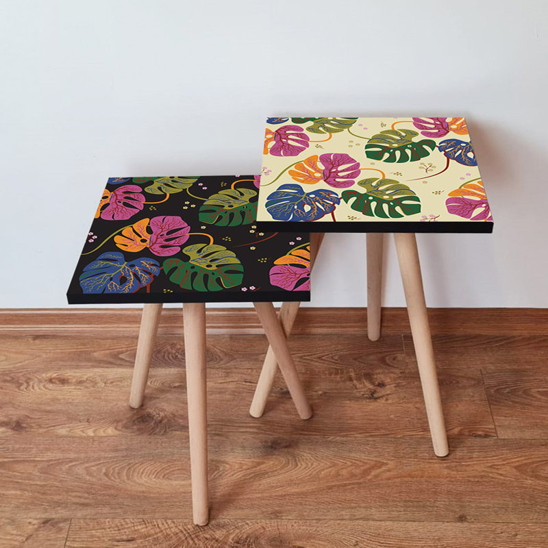 Ensemble de tables gigognes Modern (2 pièces), pieds en bois de hêtre, 13,8 x 18,5 x 13,8 pouces et 13,8 x 16,5 x 13,8 pouces | 100% panneau de fibres à densité moyenne avec une épaisseur de 0,7 pouce | Conception florale élégante pour le salon et la maison, solution peu encombrante