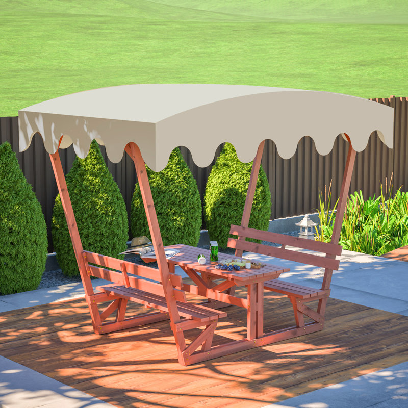 Table et banc de pique-nique en bois massif toutes saisons avec auvent amovible. Fabrication, plateau de table de 1,06 pouce d'épaisseur pour six adultes. Toile imperméable à l'abri des rayons du soleil. Bancs ergonomiques