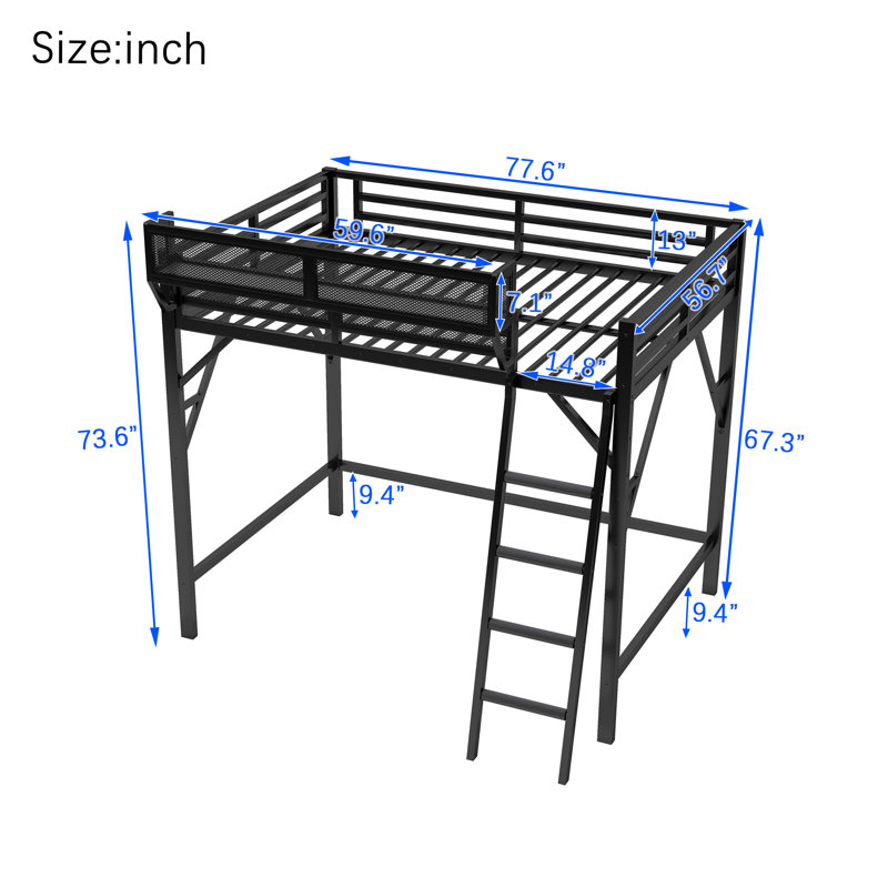 Full Size Metal Loft Bed with Ladder and Storage Shelves, High Loft Bed for Kids and Teens, Black, Full, Black
