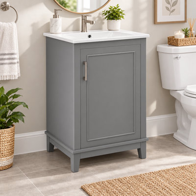 Meuble-lavabo autoportant de 51 cm avec lavabo en céramique intégrée, porte simple à fermeture amortie, meuble de rangement moderne pour petite salle de bain, gris